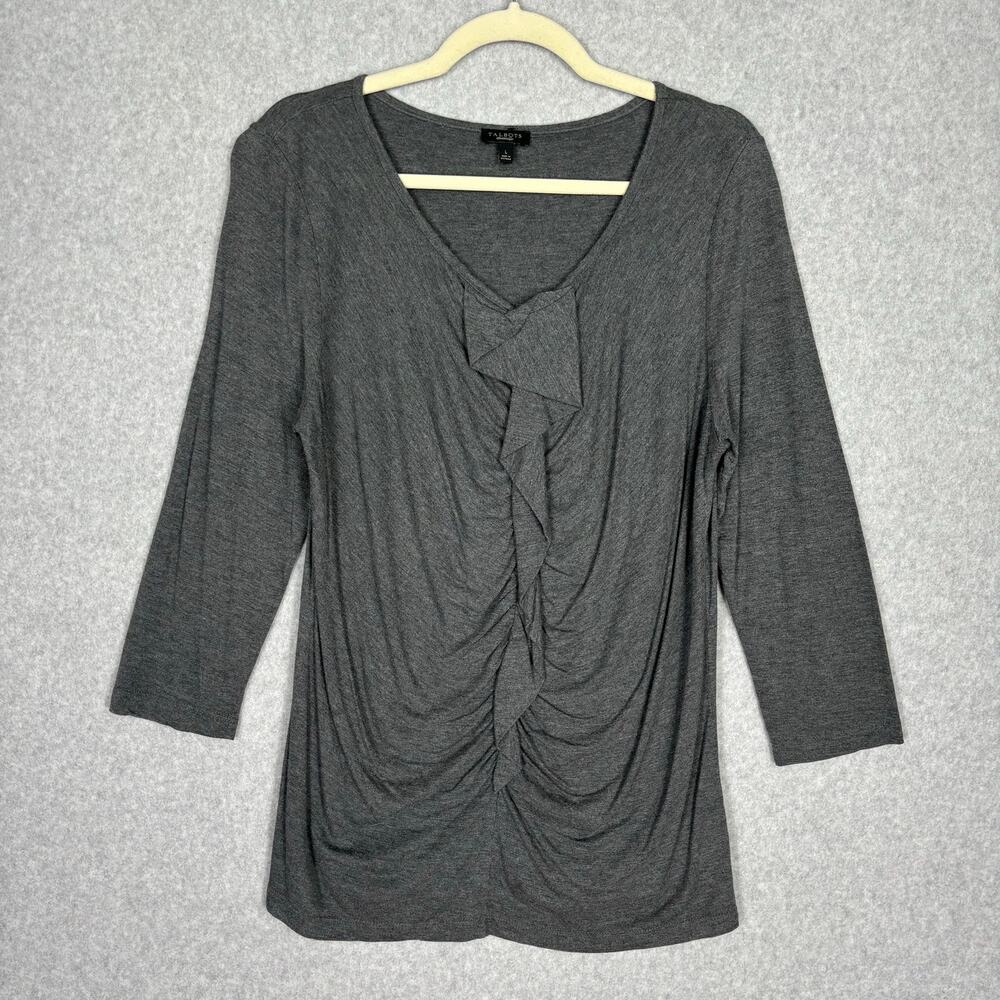 Talbots Top Womens Large Gray Ruffle Ruched Tunic Shirt Jersey Knit Basic Career